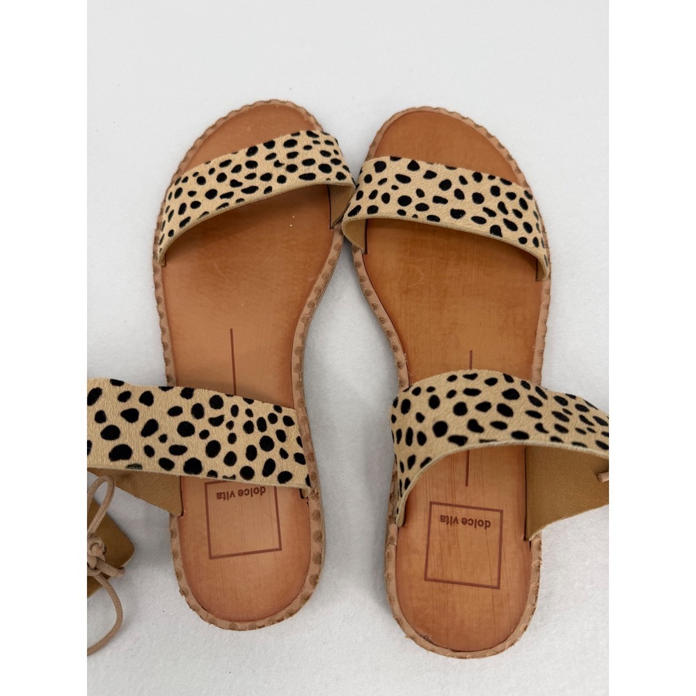 Dolce Vita Cheetah Calf Hair Ankle Wrap Lace Up Flat Sandals Womens 8 Tan Black - Picture 9 of 10